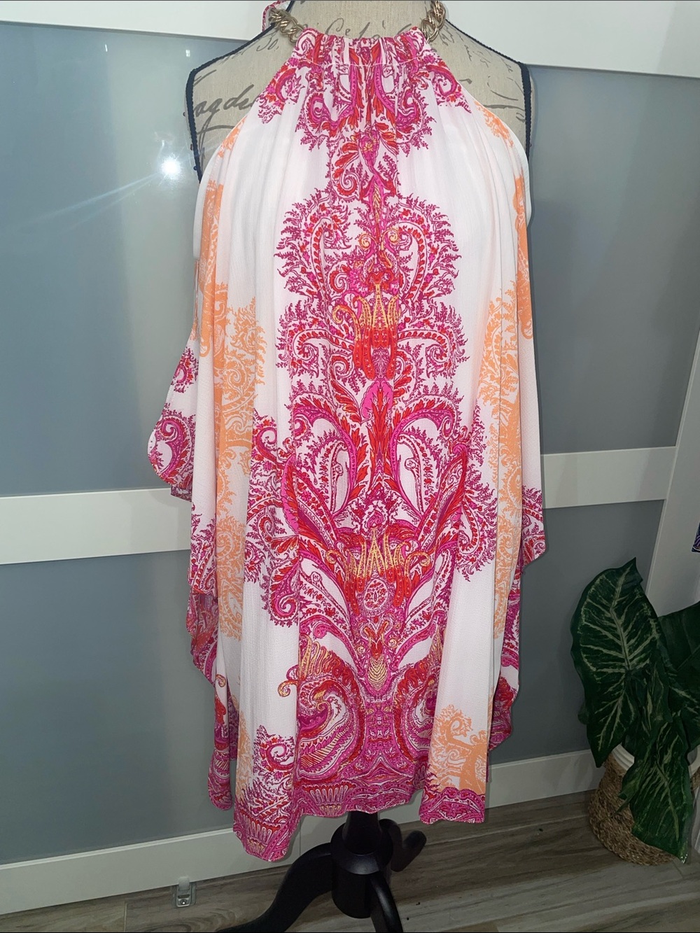Bisou Bisou White Halter Dress with Pink and Orange Paisley Print